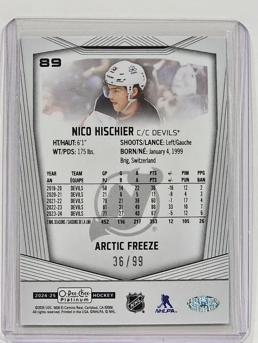 2022-23 O-Pee-Chee Platinum Nico Hischier Arctic Freeze #89 LE 36/99